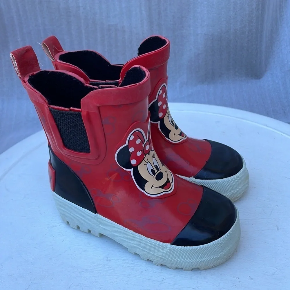 Disney Girl Minnie Mouse Mid Height Easy Slip-on Waterproof Rubber Boots - Sz 4